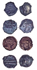 Находки. Бронзовые боспорские монеты второй половины III в. до н.э. Высокооловянистые — темные, медные — красноватого оттенка.